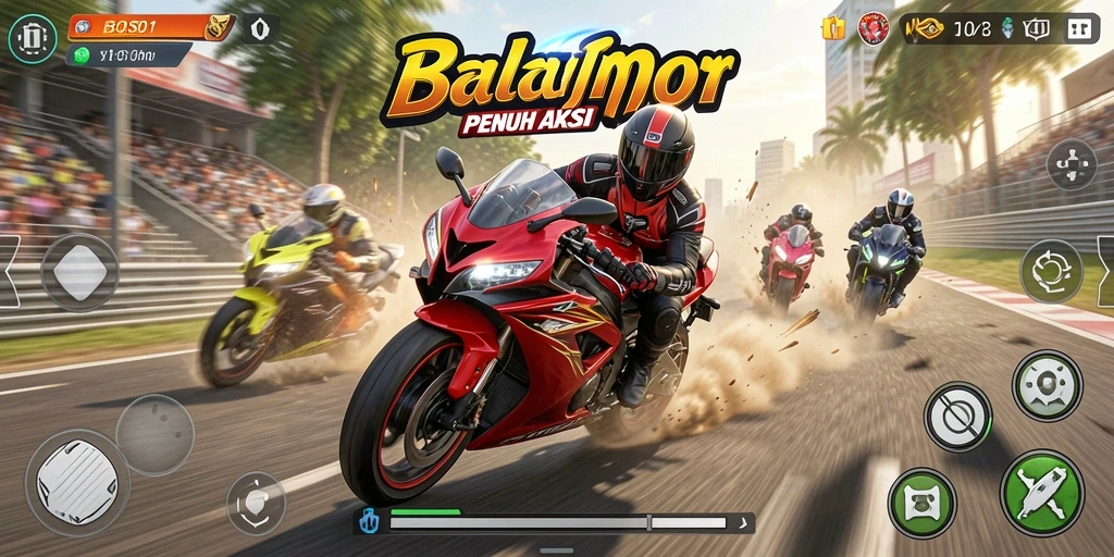 Tampilan gameplay seru di BOS01 saat berlomba motor.
