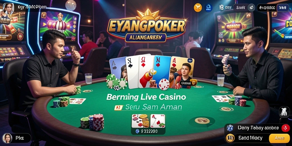 Tampilan gameplay EYANGPOKER dengan dealer langsung dan suasana kasino yang hidup.