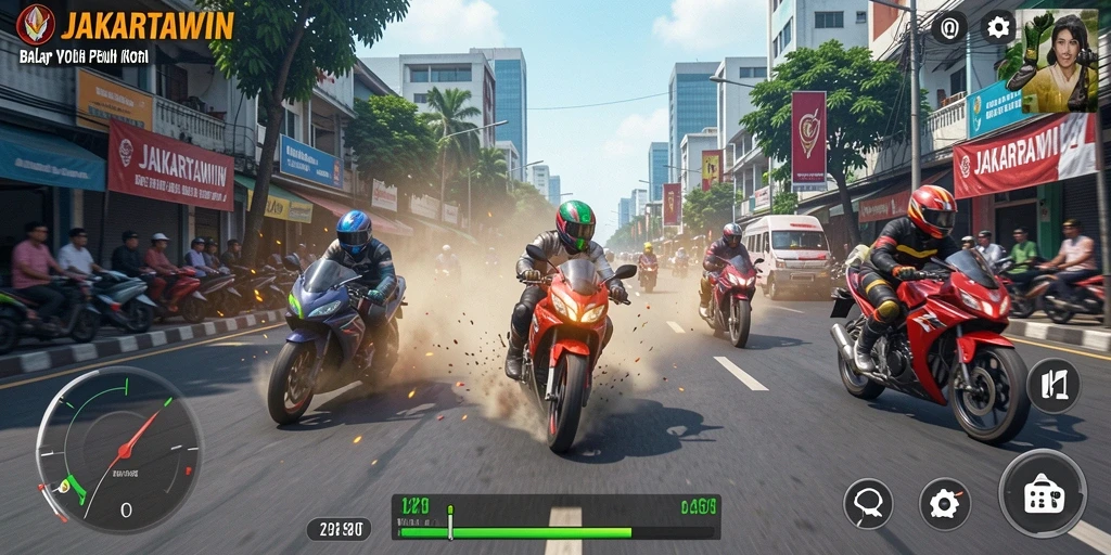 Screenshot gameplay JAKARTAWIN dengan aksi balap motor yang mendebarkan