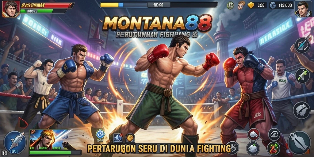Screenshot MONTANA88 menampilkan karakter bertarung di arena yang menarik.