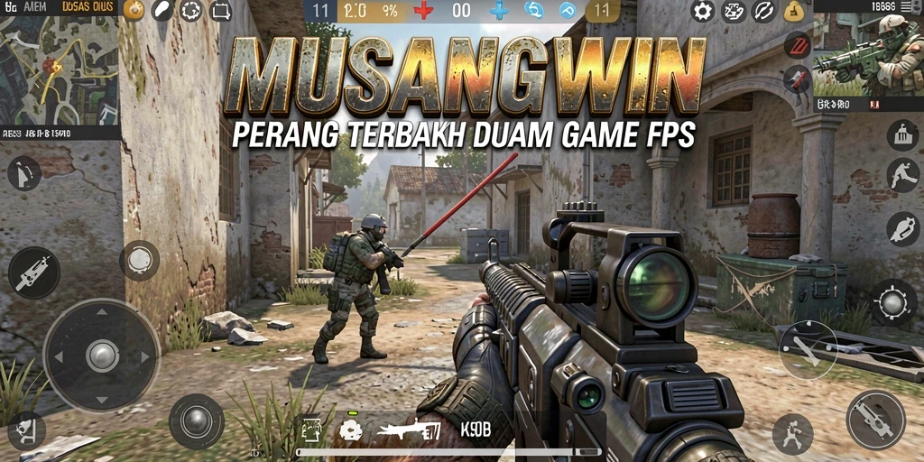 Screenshot utama MUSANGWIN menampilkan aksi pertempuran FPS yang intens.