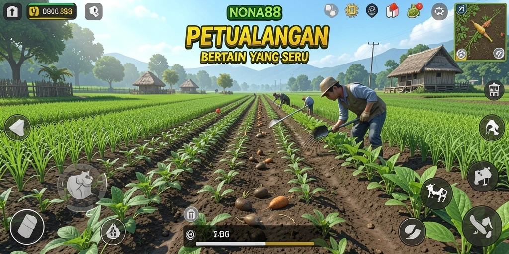 Tampilan gameplay NONA88 yang menggambarkan aktivitas bertani yang menyenangkan.