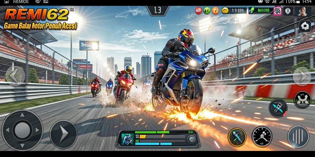 Tampilan layar gameplay dengan motor balap sedang melaju penuh kecepatan.