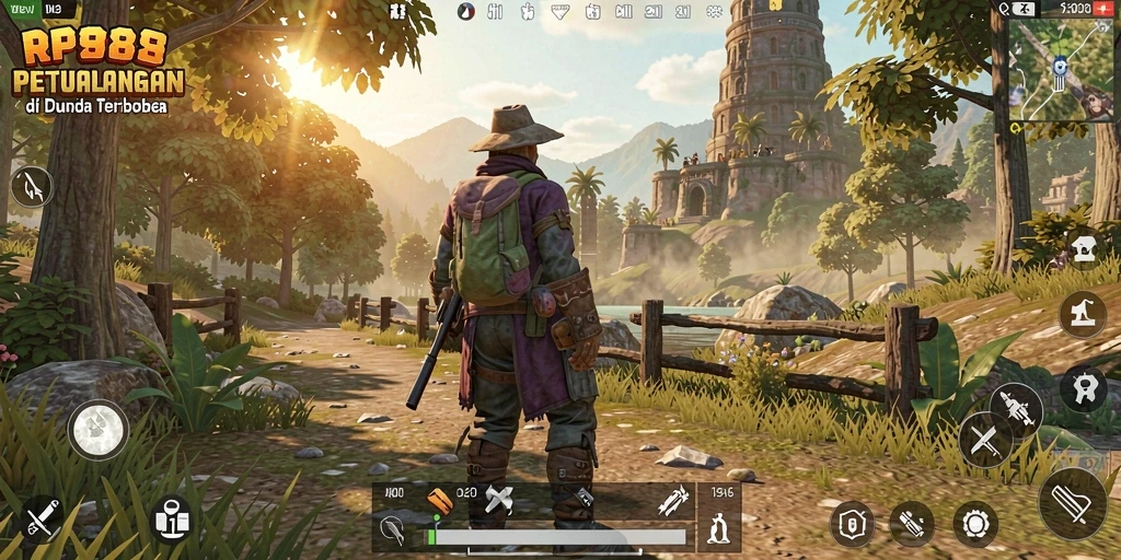 Screenshot gameplay RP888 menampilkan berbagai pemandangan indah dunia terbuka.
