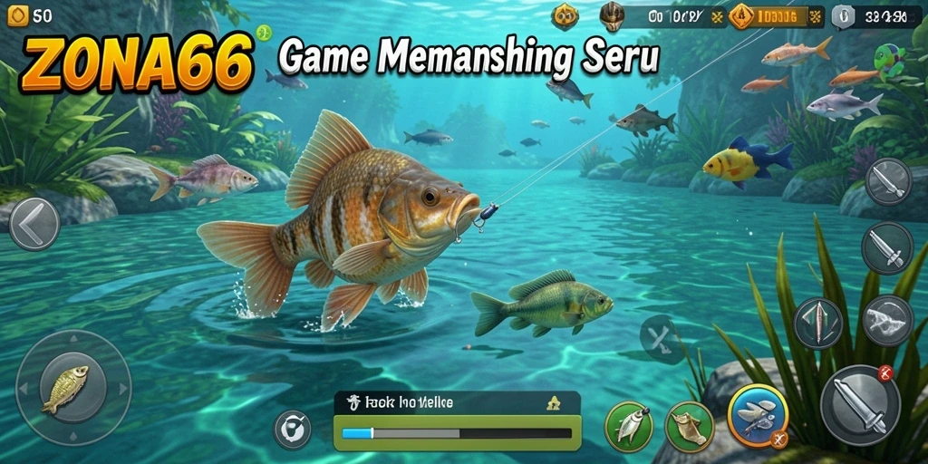 Tampilan utama gameplay ZONA66 dengan aksi memancing yang seru.